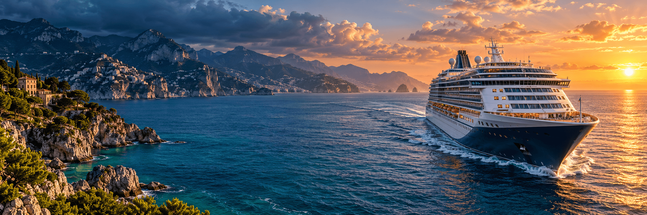 Cruise ship sailing along a coastline at sunset